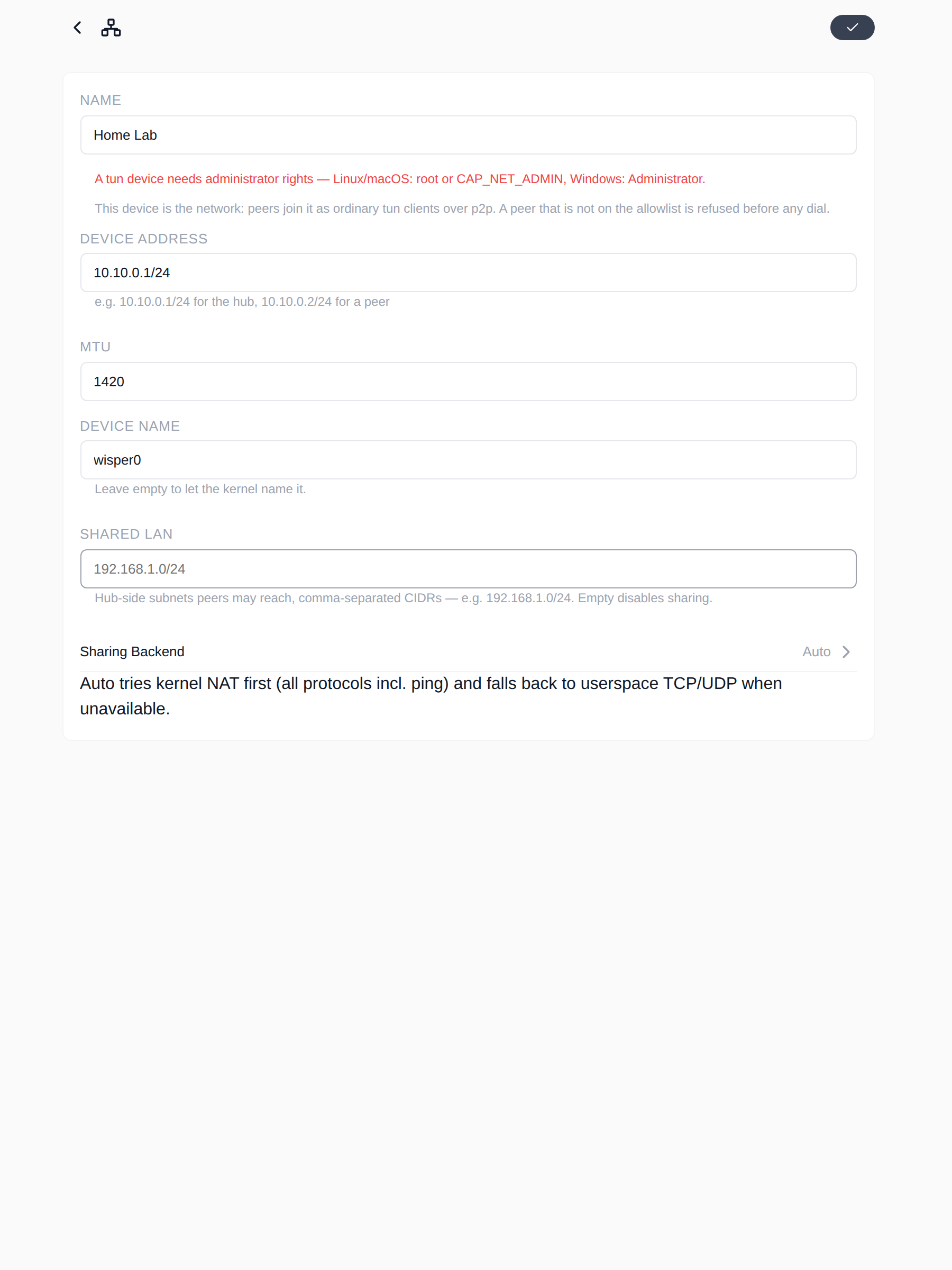 TUN hub: the device address is the network address