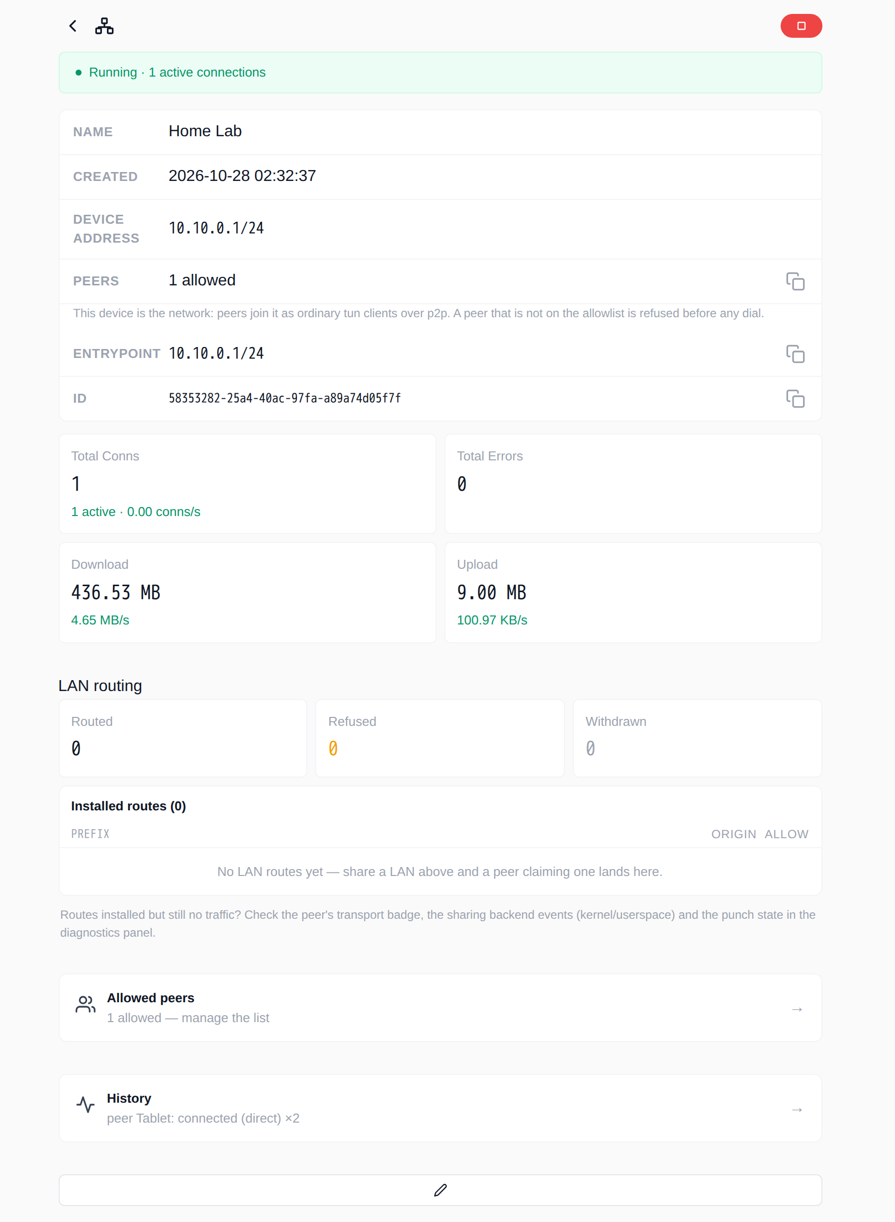 TUN hub detail: device address, peers, and live traffic