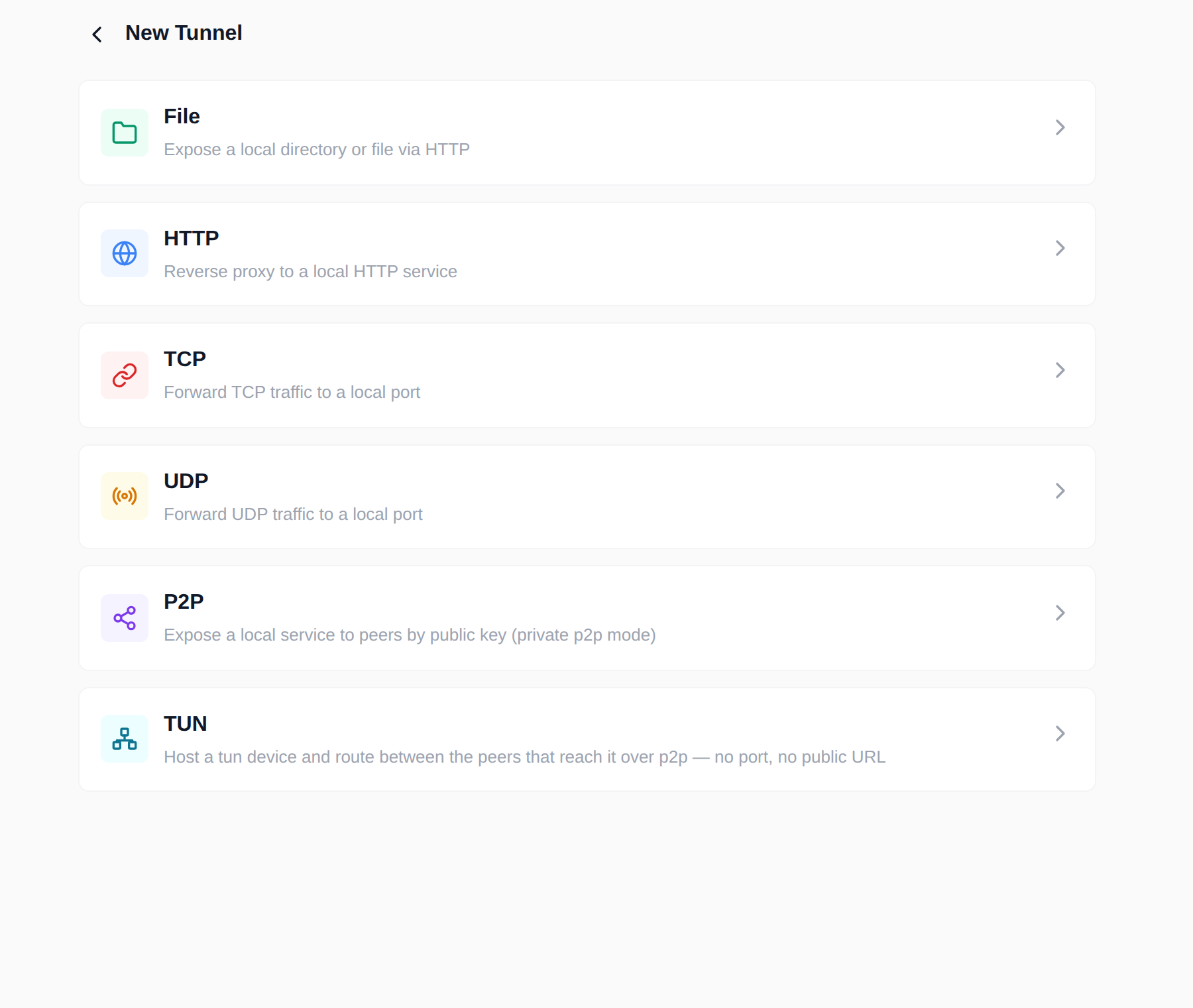 New tunnel: choose P2P or TUN